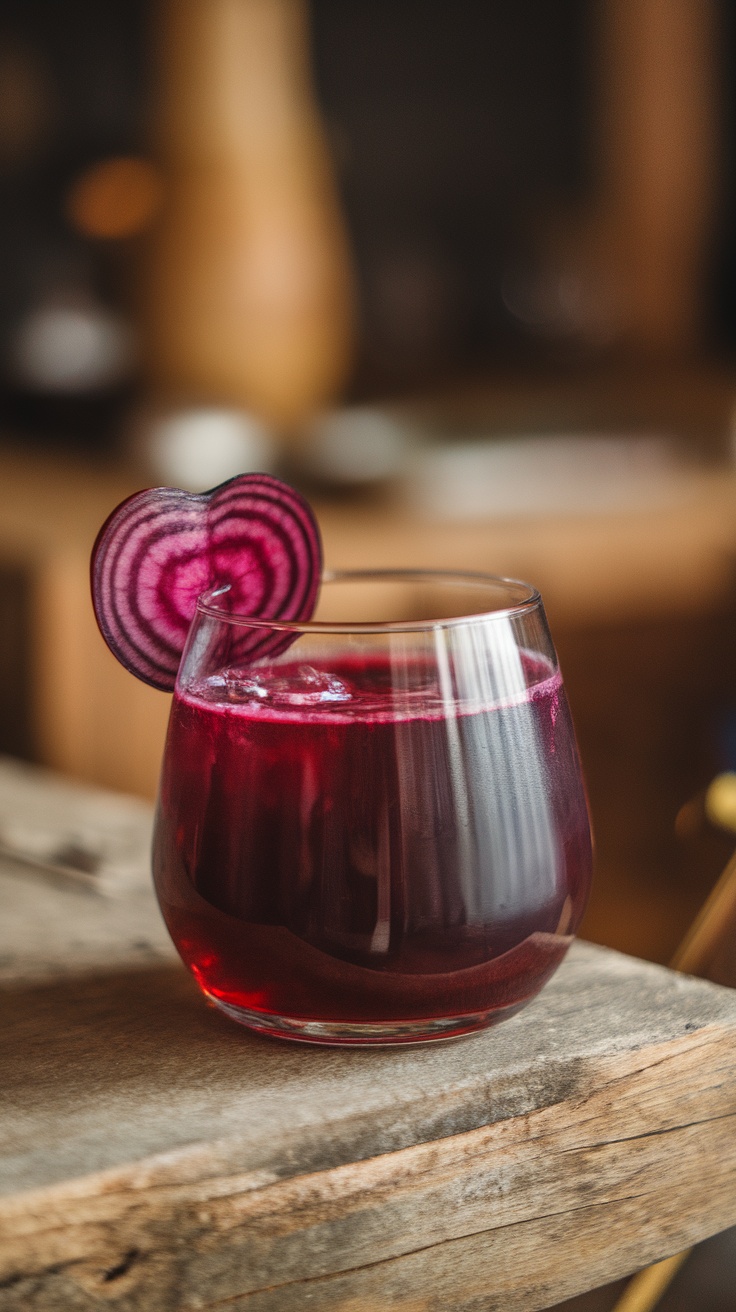 Heart Beet Mocktail with a heart-shaped beet garnish in a glass