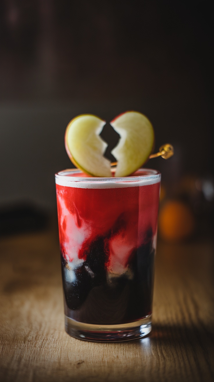 A colorful mocktail with red and black layers topped with a heart-shaped apple garnish.