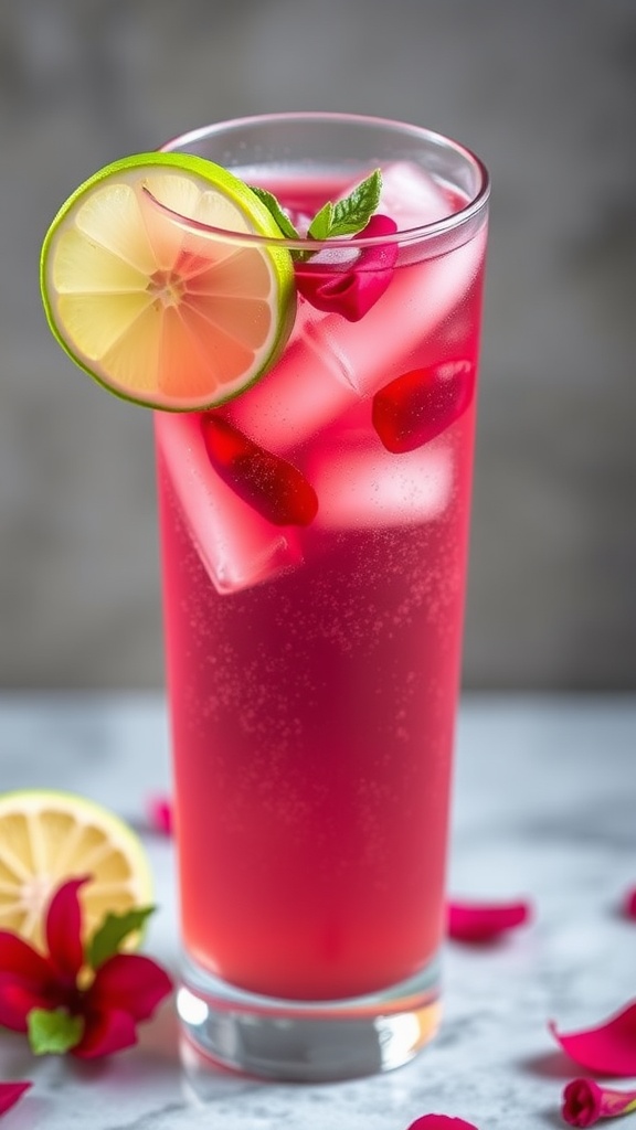 Hibiscus Fizz Mocktail in a glass with garnishes