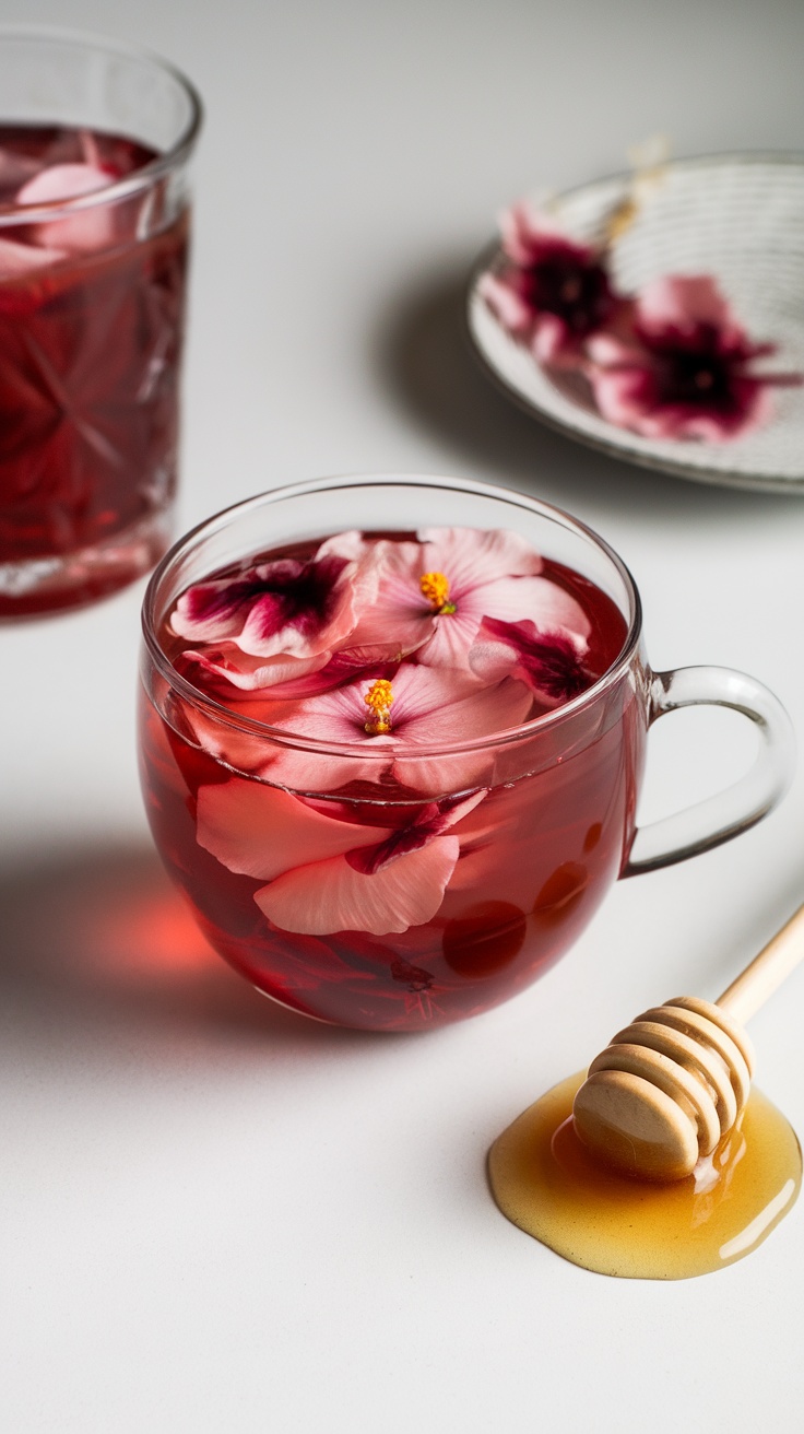 A beautiful Hibiscus Honey Mocktail garnished with flower petals and honey.