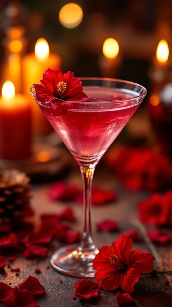A beautifully garnished Hibiscus Kiss Mocktail with flowers and candles in the background.