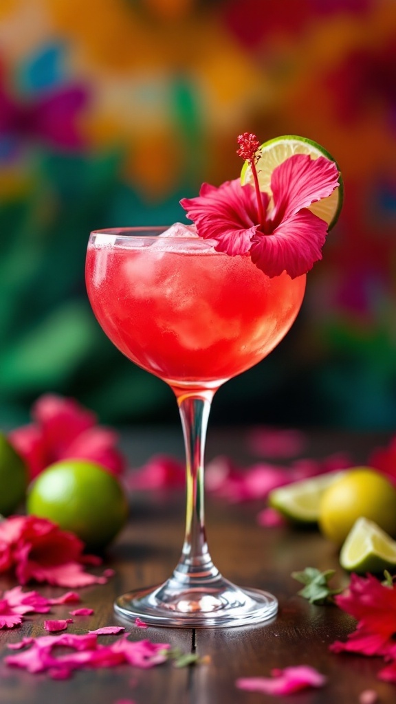 A vibrant Hibiscus Lime Cooler Mocktail garnished with a lime and a hibiscus flower.