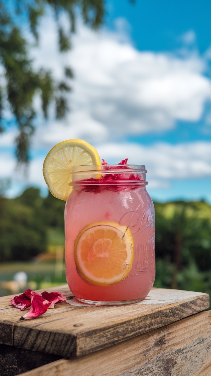 A refreshing Hibiscus Pink Lemonade Mocktail served in a mason jar with lemon slices and flower petals.