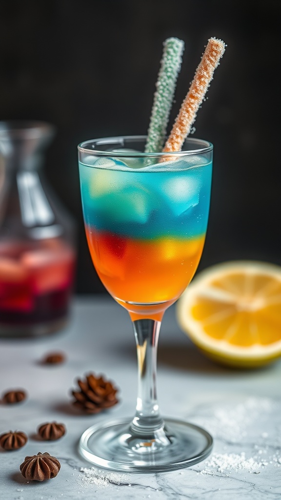 A colorful Hocus Pocus mocktail with two candy sticks.