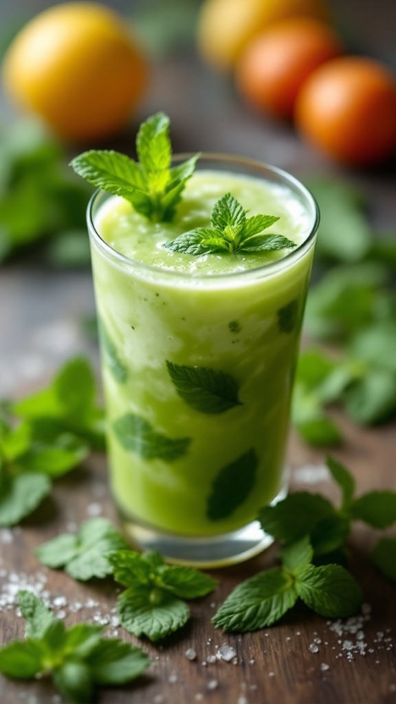 A refreshing green mint julep mocktail garnished with mint leaves and surrounded by citrus fruits.