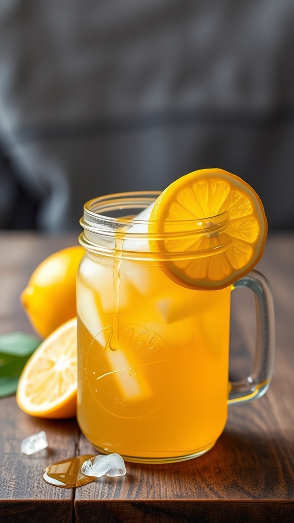 A refreshing honey citrus mocktail in a jar with lemon slices and ice.