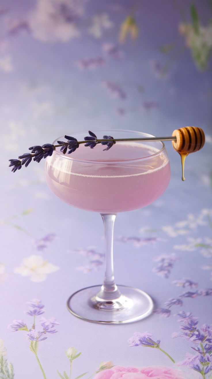 A beautifully presented Honey Lavender Mocktail with lavender sprigs and honey drizzle.