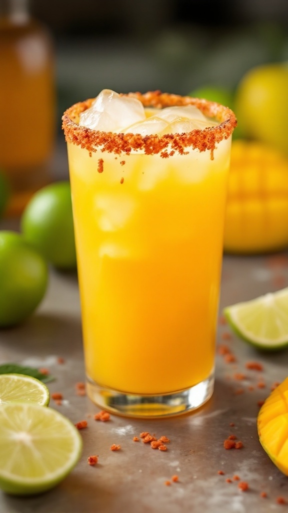 A refreshing Honey Mango Twist Mocktail garnished with lime and surrounded by fresh ingredients.