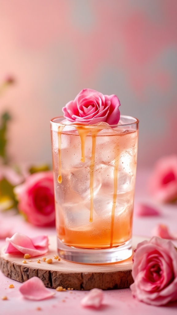 A beautiful Honey Rose Mocktail with a pink rose on top, surrounded by rose petals.