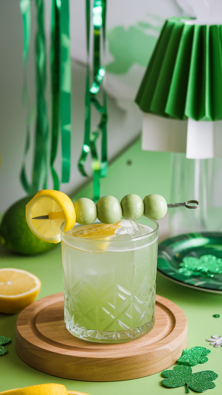 A refreshing honeydew lemon mocktail garnished with lemon and melon balls.