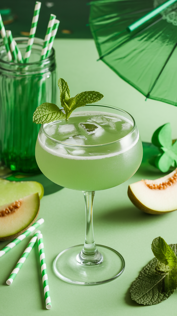 A refreshing honeydew mint mocktail garnished with mint leaves