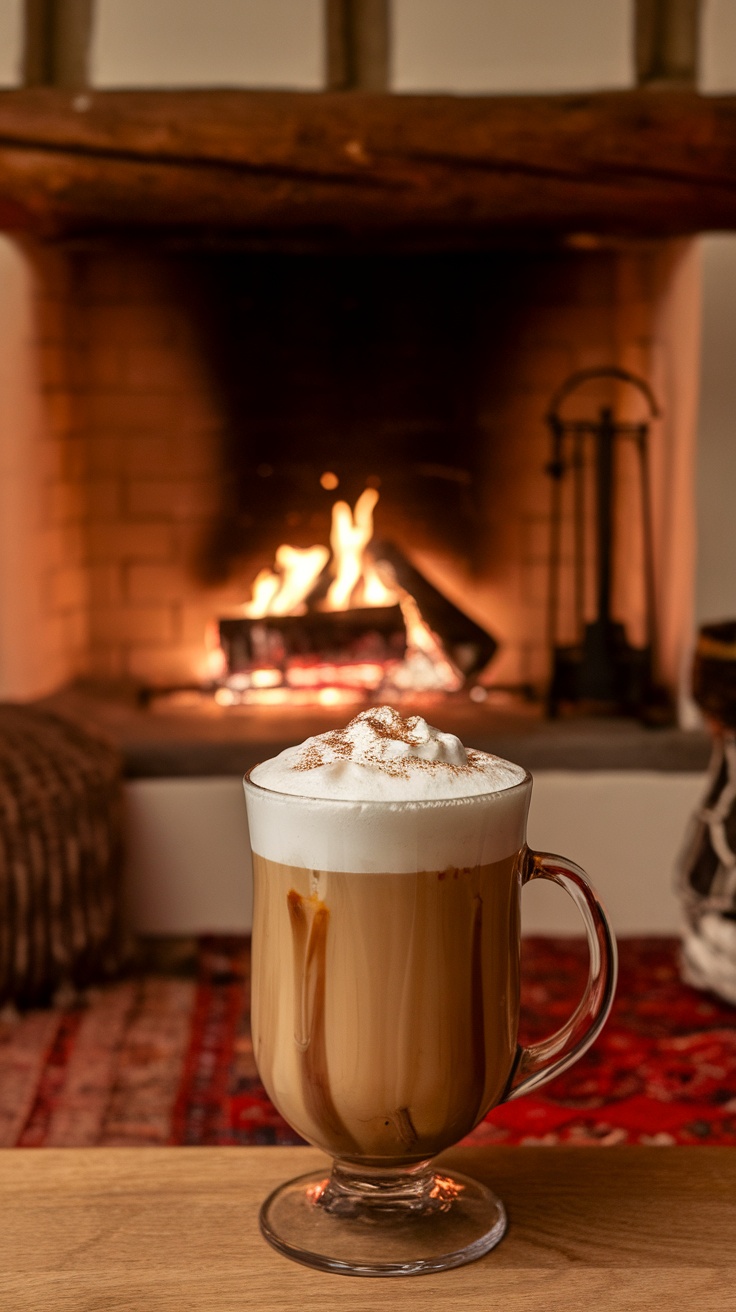 A glass of hot buttered mocktail topped with whipped cream and cinnamon, with a warm fireplace in the background.