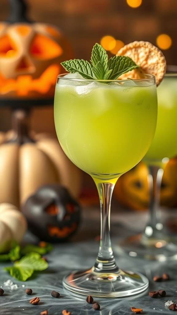 A green mocktail garnished with mint leaves, set against Halloween decorations.