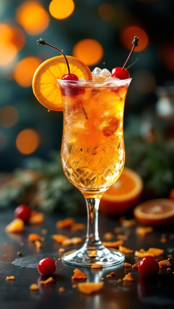 A vibrant Hurricane Mocktail garnished with orange slices and cherries