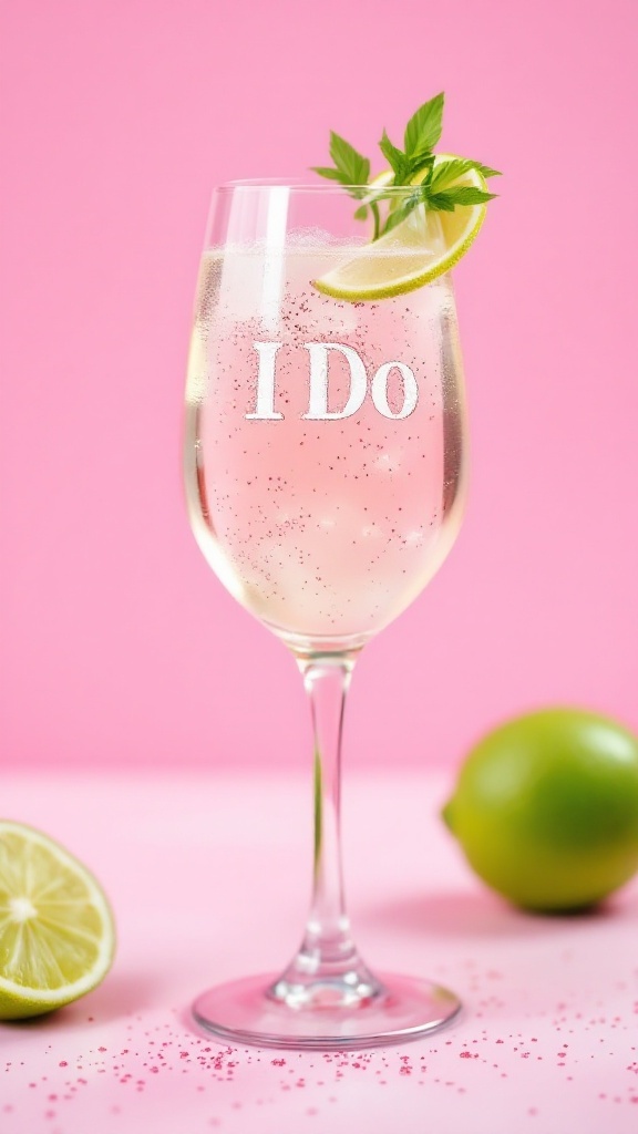 A refreshing I Do Spritz Mocktail in a clear glass with lime and mint garnishes against a pink background.