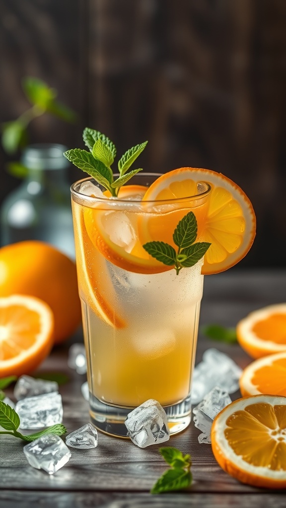 A refreshing iced green tea citrus mocktail with lemon and orange slices, garnished with mint leaves.