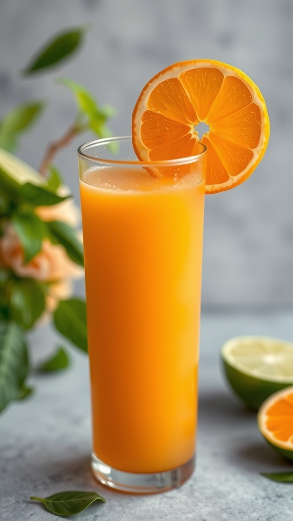 A glass of bright orange juice garnished with a slice of orange, surrounded by citrus fruits.