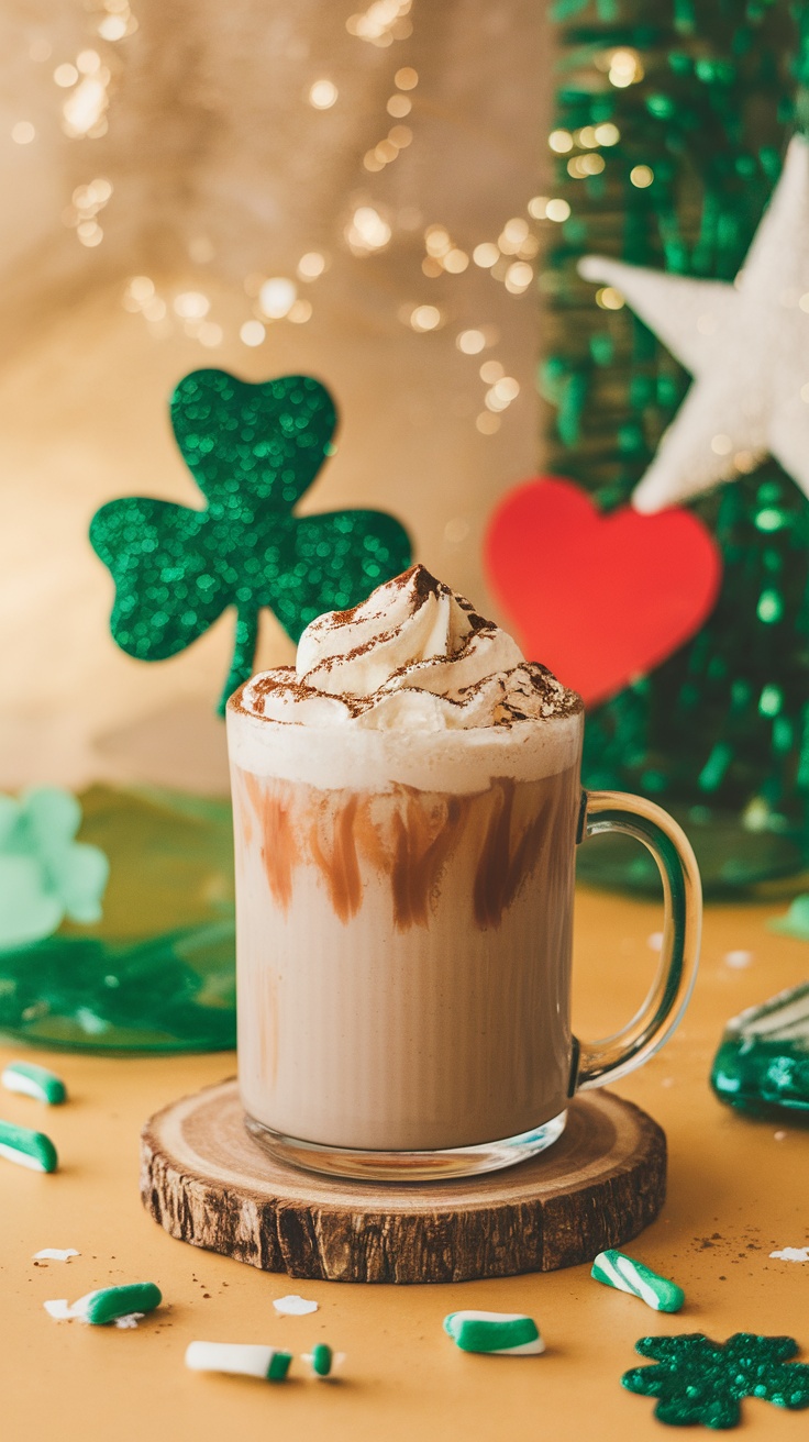 A delicious Irish Cream Mocktail topped with whipped cream, set against a festive background.