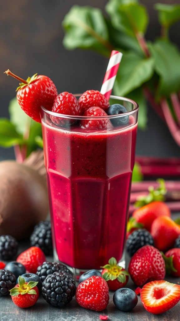 A vibrant glass of beet and berry juice surrounded by fresh berries.