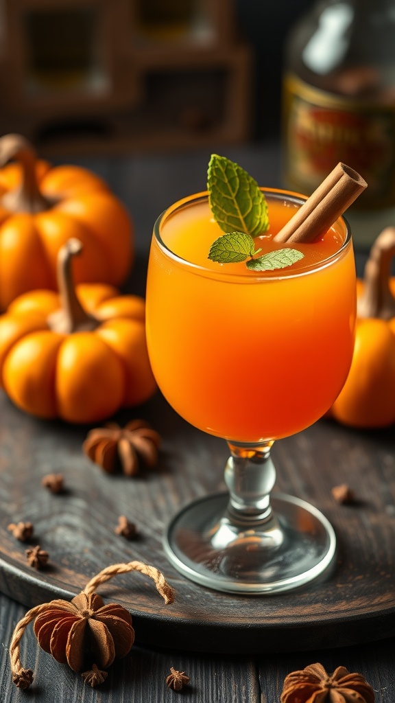 A vibrant orange mocktail garnished with mint and cinnamon, surrounded by small pumpkins and spices.