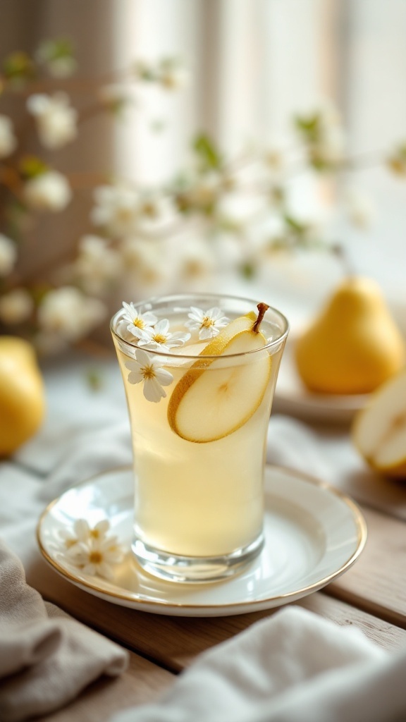 A refreshing Jasmine Pear Mocktail garnished with pear slices and flowers.