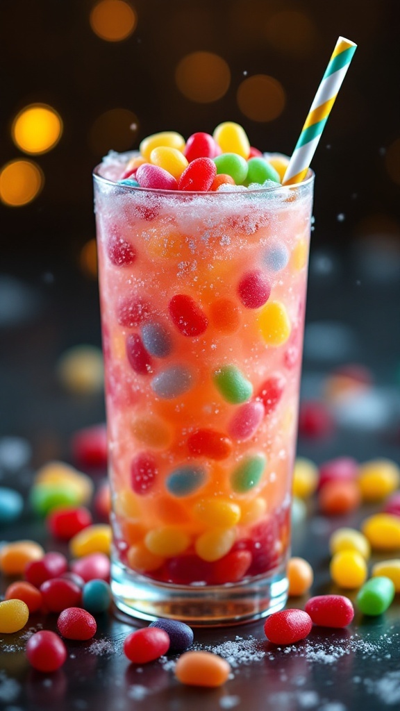 A tall glass of Jelly Bean Fizz Mocktail filled with colorful jelly beans and a striped straw.