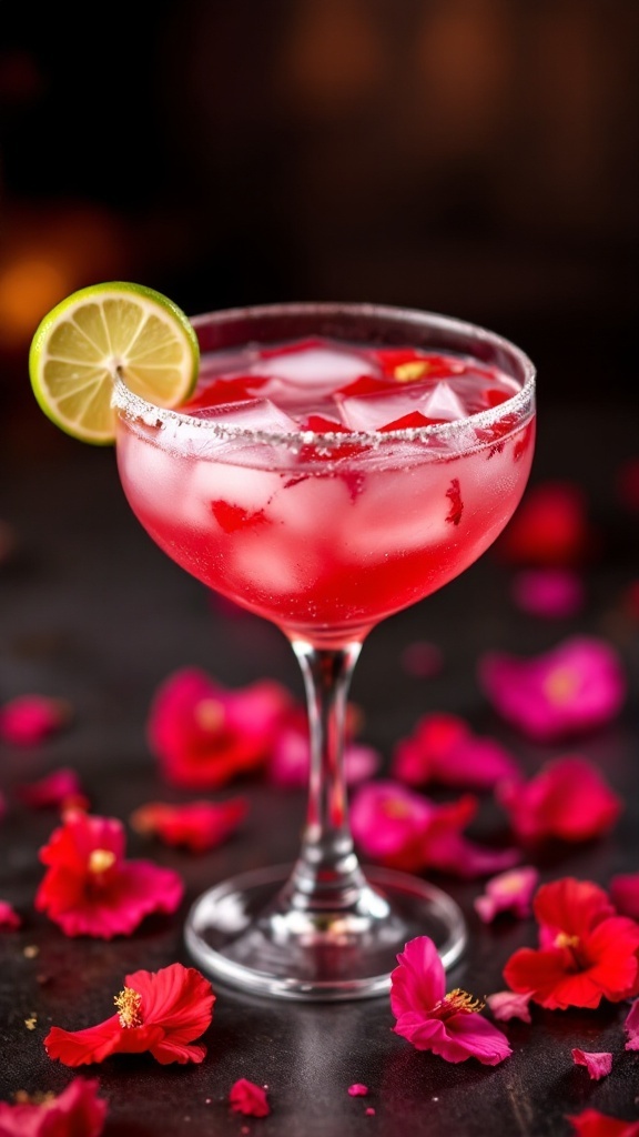 A refreshing jewel toned hibiscus mocktail in a glass with ice and a lime slice, surrounded by pink flower petals.