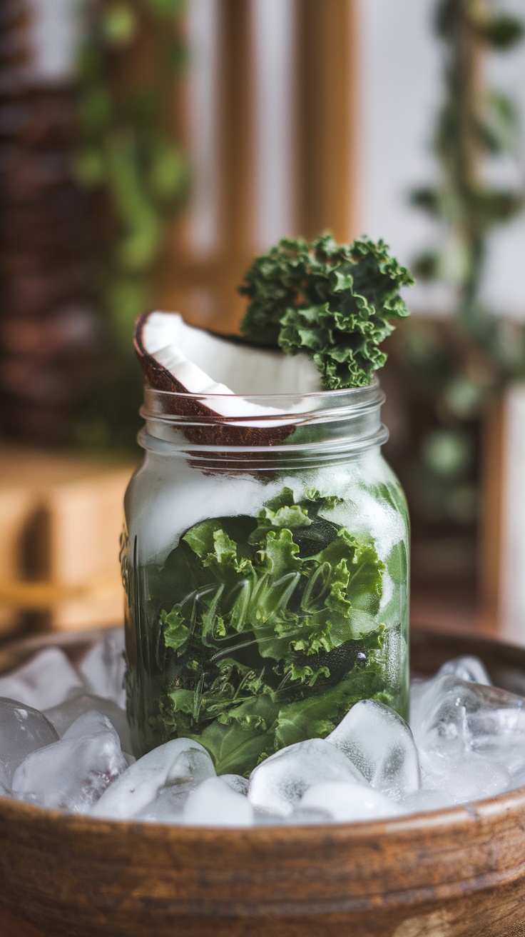 Kale and coconut water juice in a jar with ice