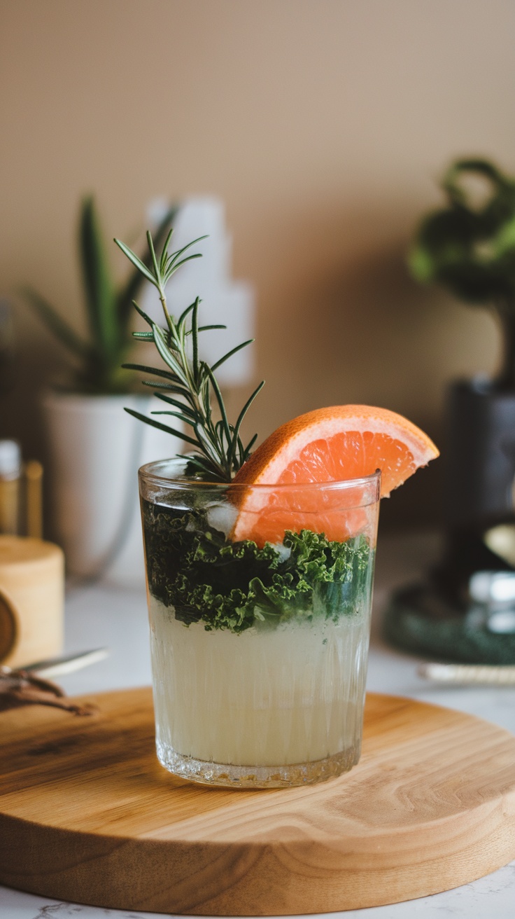 A glass of Kale-Grapefruit Rosemary Juice with a slice of grapefruit and a sprig of rosemary on top.