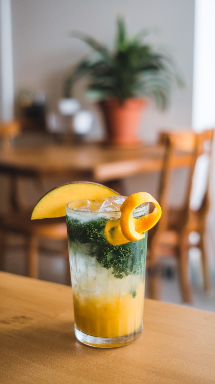 A refreshing glass of Kale-Mango Citrus Bliss Juice garnished with fruit slices.