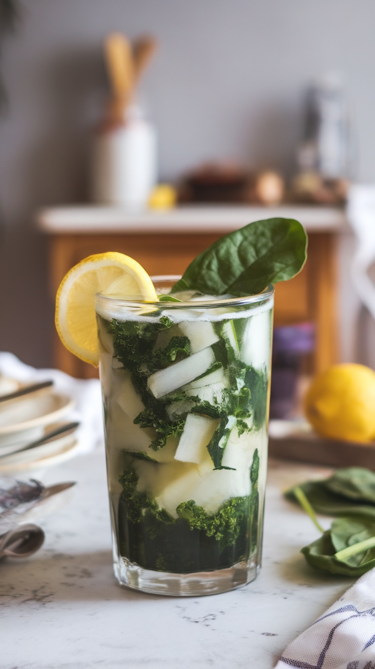 A refreshing glass of kale-spinach energy juice with lemon slices