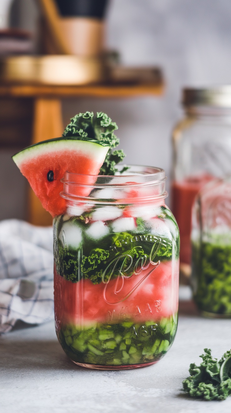 A jar of Kale-Watermelon Splash Juice with kale and watermelon garnishes