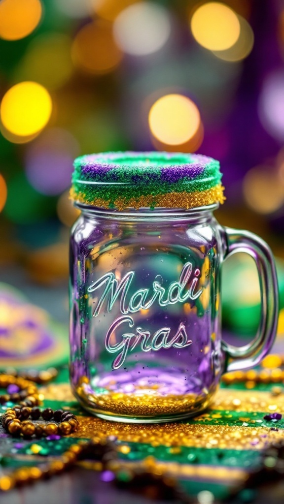 A colorful King Cake Cooler Mocktail in a jar with Mardi Gras decorations.