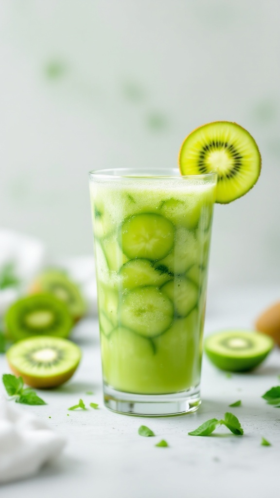 A refreshing glass of Kiwi and Cucumber Hydration Juice garnished with a slice of kiwi.