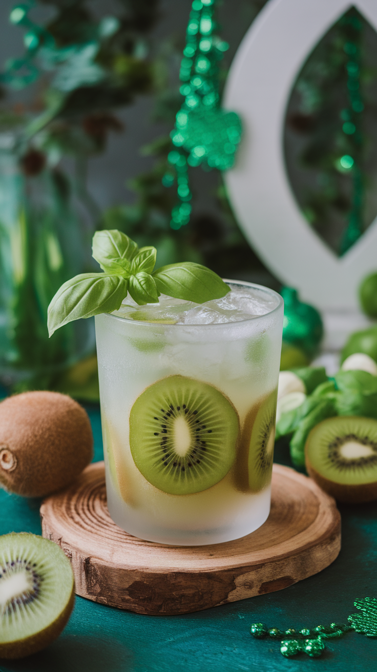 A refreshing Kiwi Basil Cooler mocktail garnished with kiwi slices and basil leaves.