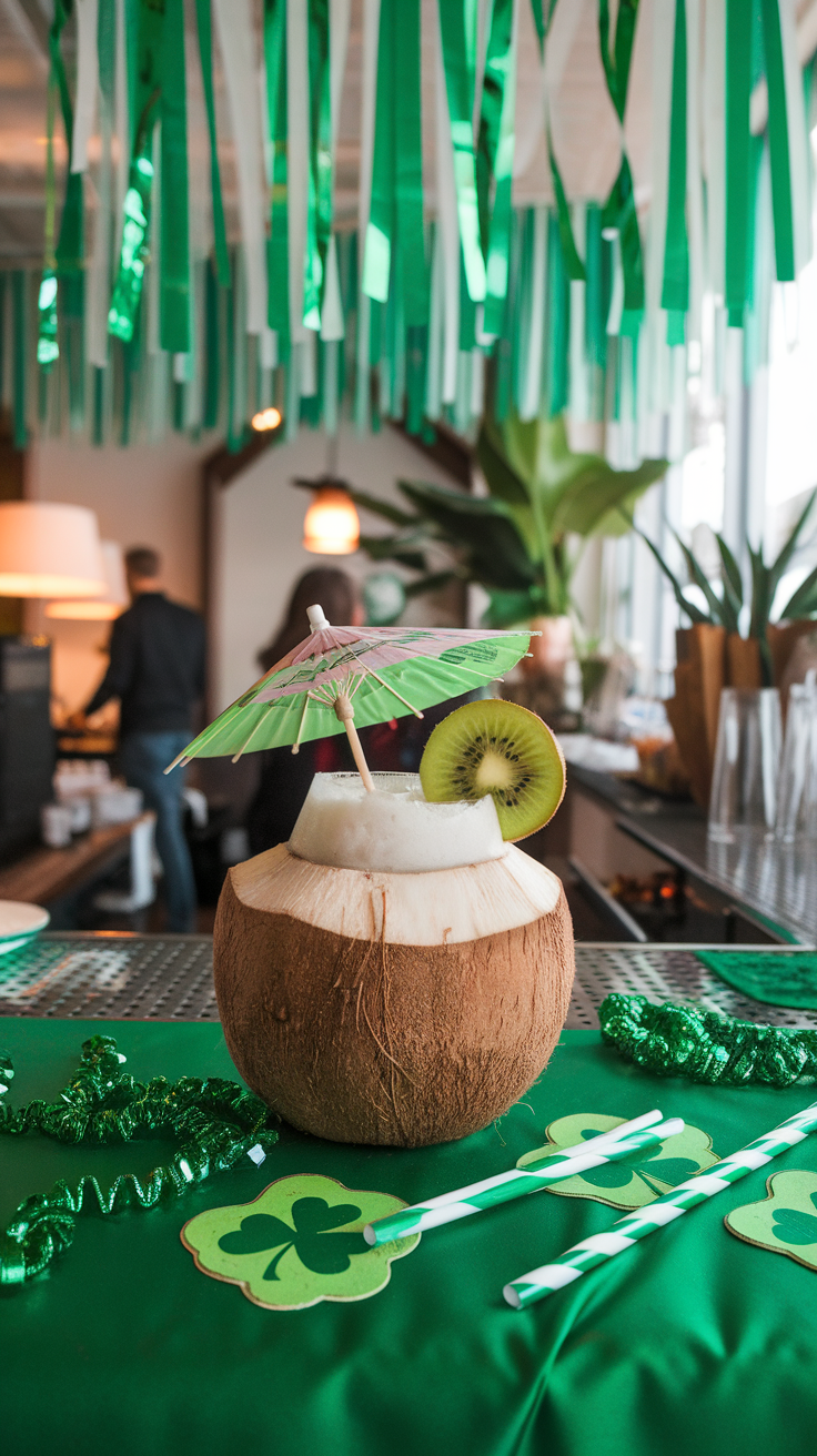 A refreshing Kiwi Coconut Mocktail served in a coconut shell with a small umbrella and a slice of kiwi, set on a sandy beach with palm trees in the background.