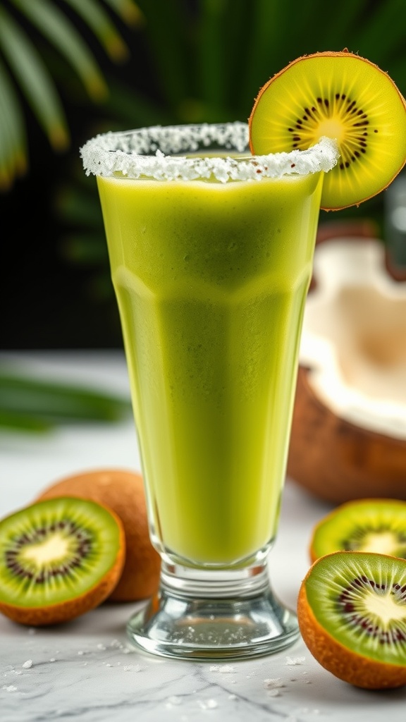 A refreshing Kiwi Coconut Splash Mocktail in a glass with kiwi slices and a coconut in the background.