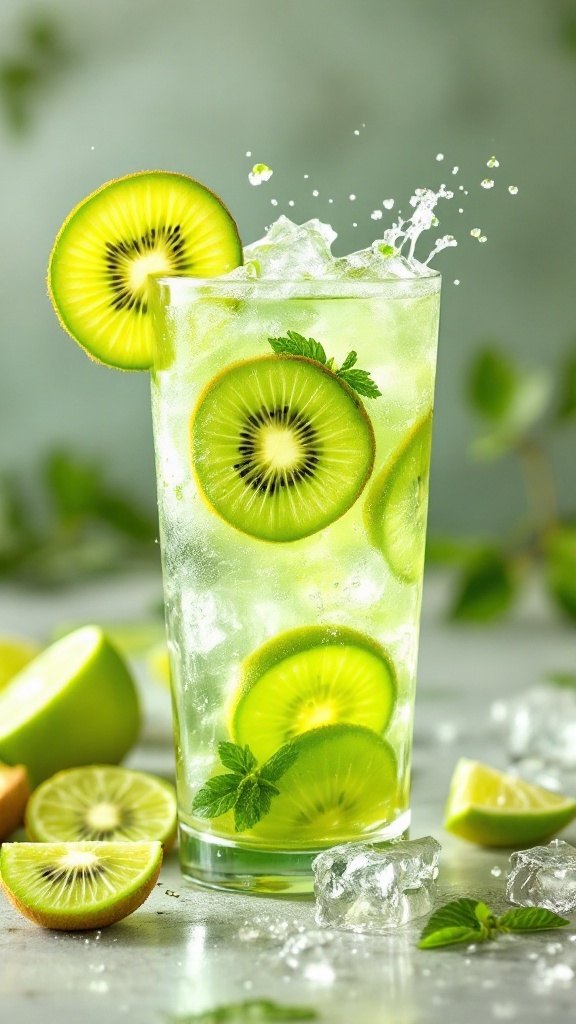 A refreshing kiwi cooler mocktail with slices of kiwi and lime, topped with mint leaves and ice.
