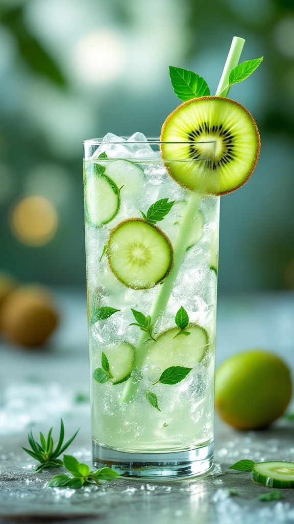 A refreshing Kiwi Cucumber Sparkler Mocktail in a tall glass with ice, garnished with kiwi slices and mint leaves.