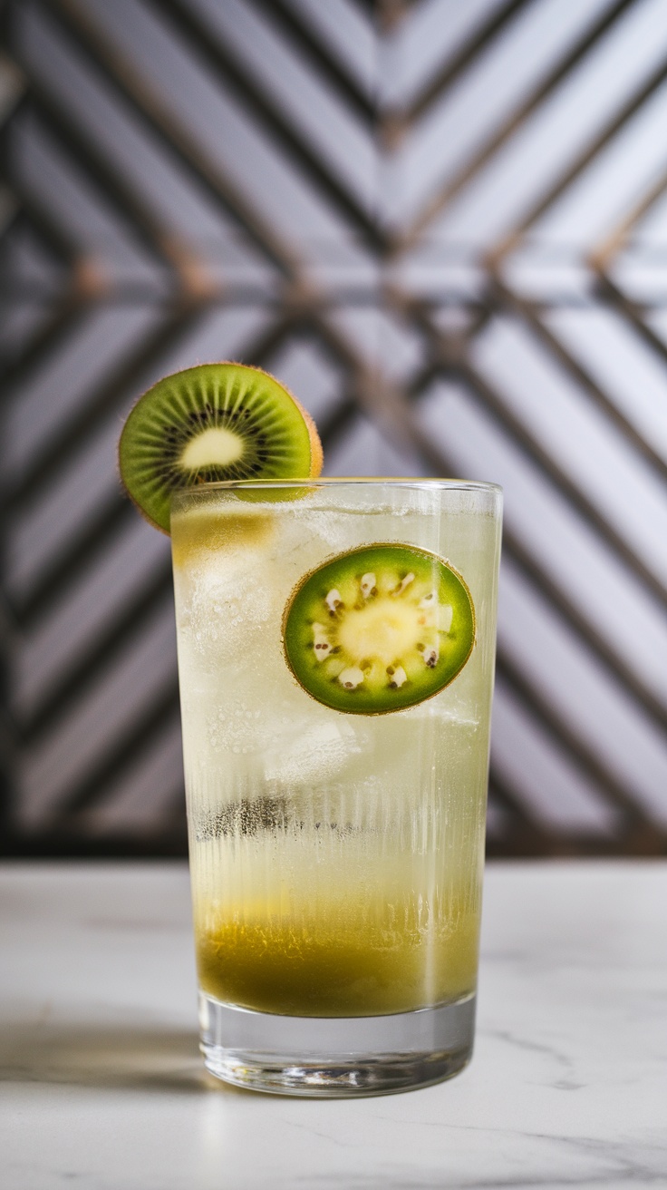 A refreshing Kiwi Jalapeño Fizz Mocktail garnished with kiwi slices.