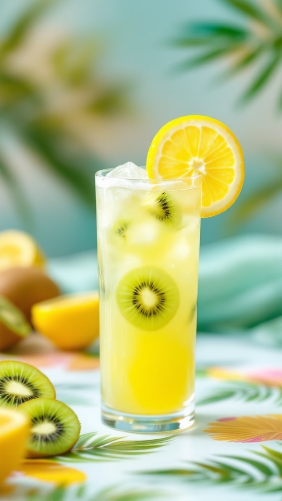 A refreshing Kiwi Lemon Mocktail with slices of kiwi and lemon garnishing the glass.