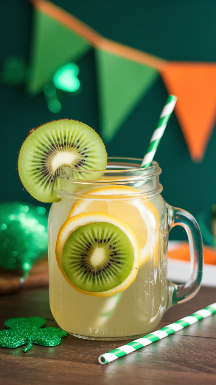 A refreshing kiwi lemonade mocktail served in a mason jar with slices of kiwi and lemon.