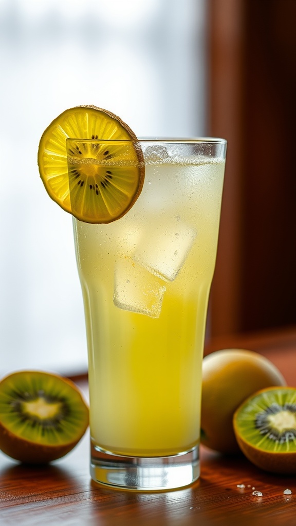 A refreshing Kiwi Lime Sparkler Mocktail in a glass with a slice of kiwi on the rim.