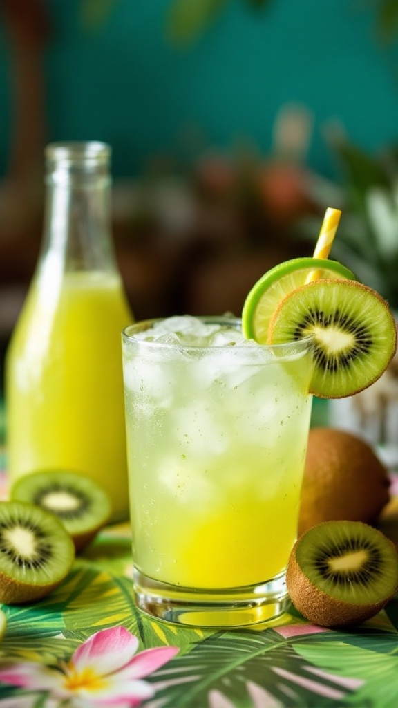 A refreshing Kiwi Lime Splash Mocktail in a glass, garnished with a slice of kiwi and lime.