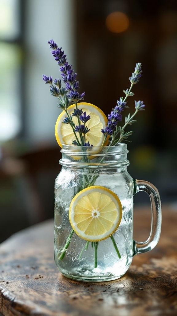 A refreshing Lagniappe Lemon Mocktail with lemon slices and lavender in a mason jar