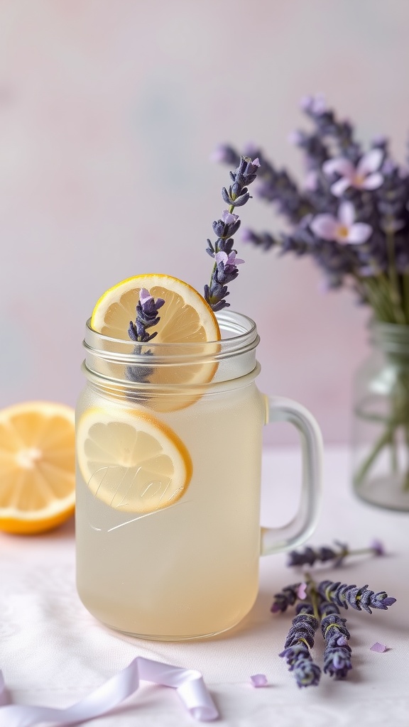 A glass of Lavender Lemonade with lemon slices and lavender sprigs, surrounded by flowers.