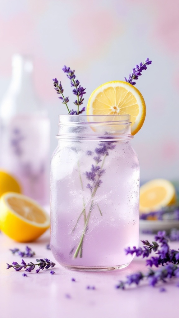 A jar of lavender lemonade with lemon slices and lavender sprigs