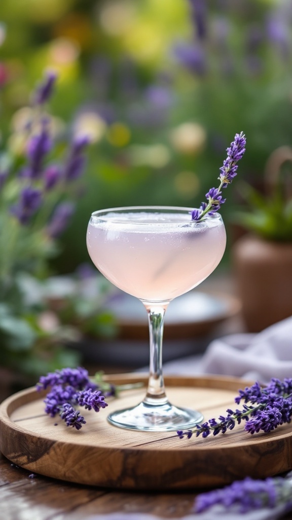 A beautifully garnished lavender love mocktail served in a glass with lavender sprigs.