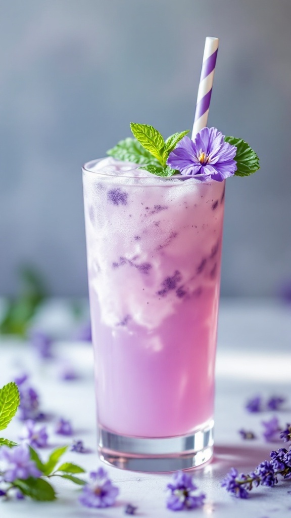 A refreshing mocktail with lavender and mint garnished with a flower and a striped straw.