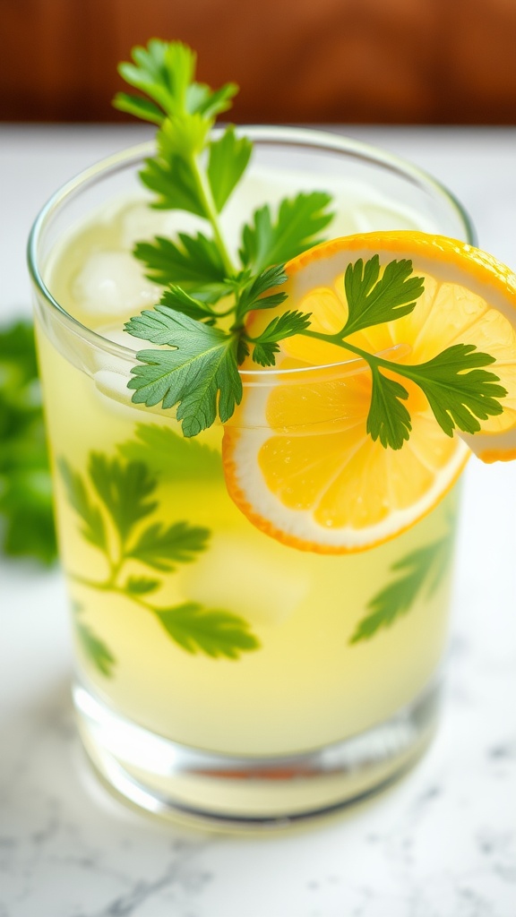 A glass of Lemon-Parsley Detox Juice with lemon slices and parsley garnish.